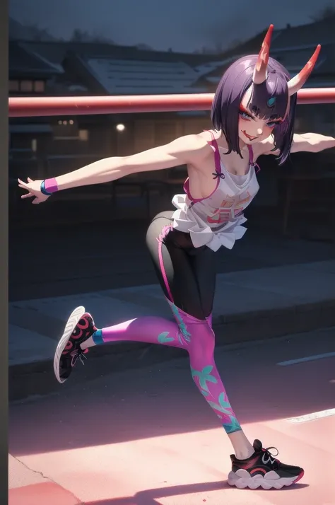 1girl, solo, standing, outdoors, night, village, stairs, contrapposto, shuten douji,   ((leggings, lycra pants, top shirt, women's tank top, gym, sneakers, gymnastics, smug, red lipstick, cleavage, tribal print))