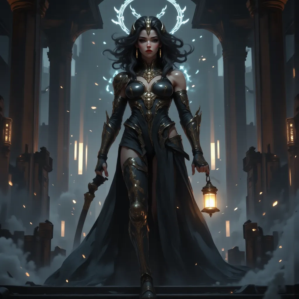 - Main Character, Adult Woman "Papua New Guinea", Beautiful, Tall, Long Legs, Curly Hair, Halo Circle full of Gold luminous carvings.

- Wearing a costume ("Full Sexy Armor").
The Chest and Thigh Armor are slightly open.

Futuristic Costume Design.
Wearing...