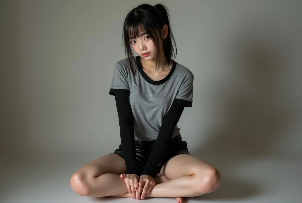 portrait photo,masterpiece, nsfw,8k,( 1 girl,Slender body, flat chest, very Wide pelvis, Small Ass,  thick curvy thighs ),sitting on floor with hugging legs, professional lighting,(14yo Japanese Girl, 163_Height cm,Pale, pale skin,standing),black color hai...