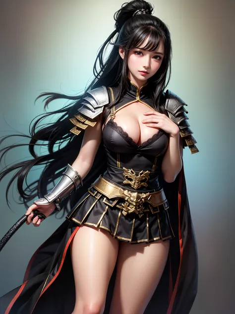  woman wearing black armor and black cloak standing with support on her lower back, pleated skirt, standing with one hand on his waist ,3/4 shots, 1 person,Cleavage , Highly Detailed Face and Skin Textures , looking at camera, perfect beauty : 1.4, fine gr...