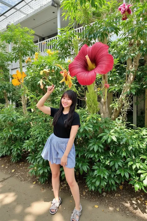 "A woman standing in a lush, vibrant botanical garden, posing for a photo in front of a giant Rafflesia flower. The Rafflesia is in full bloom, with its striking red petals and distinctive appearance. The woman is smiling, wearing casual clothes, and stand...