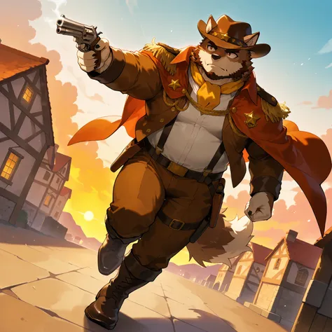 character focus, full body, looking away, dynamic angle, western, sheriff, a musclegut middle-aged wolf man, western sheriff's costume clothes, sheriff's hat, pistol, revolver holster, gun duel, dynamic pose, BREAK full body in Michelangelo Buonarroti styl...