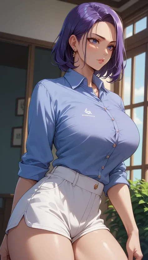 ( masterpiece, better_quality:1.2), 1 girl,  purple hair, Medium Hair,  big breasts,  polo shirt  , Shorts Falda, 