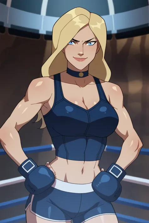 score_9, score_8_up, score_7_up, source_cartoon,black canary, blue eyes, blonde hair, long hair, large breasts, dark blue boxing shorts , dark blue boxing gloves, dark blue sports bra, choker, cleavage, bare shoulders,  BREAK standing, looking at viewer, s...