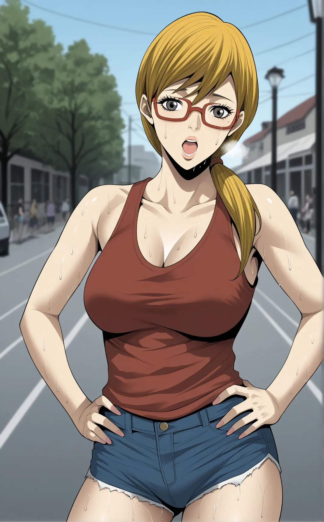 score_9, score_8_up, score_7_up, absurdres, contrapposto, cowboy shot, looking at viewer, , blurry background, outdoors, neighborhood background, BREAK GlassesRedjacket_Hive_MinYoungLee_ownwaifu, 1girl, blonde hair, breasts, glasses, grey eyes, long hair, ...