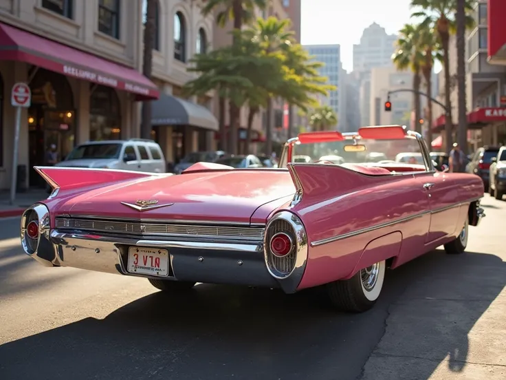 
Side view,   Cadillac '62 convertible of color pink,  in Hollywood city , cinematic lighting , noon, （super detailed, High Details , High Quality , Accurate, anatomically correct , textured skin, beautiful fingers super detailed, High Details , High Quali...