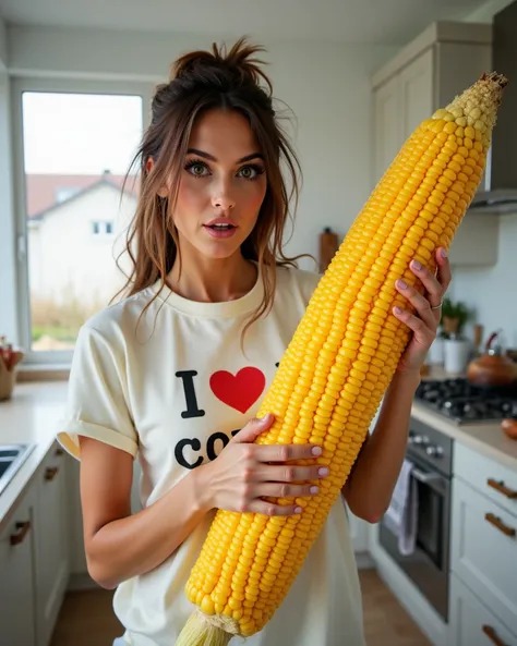 a gorgeous alluring sexy face Woman, she is wearing an oversized t-shirt for sleeping with printed letter "I ❤️ Corn" , just woken up, messy hair and wrinkled shirt, with shocked and awed face, passionately holding (((one))) enormous size of long Sweet Cor...