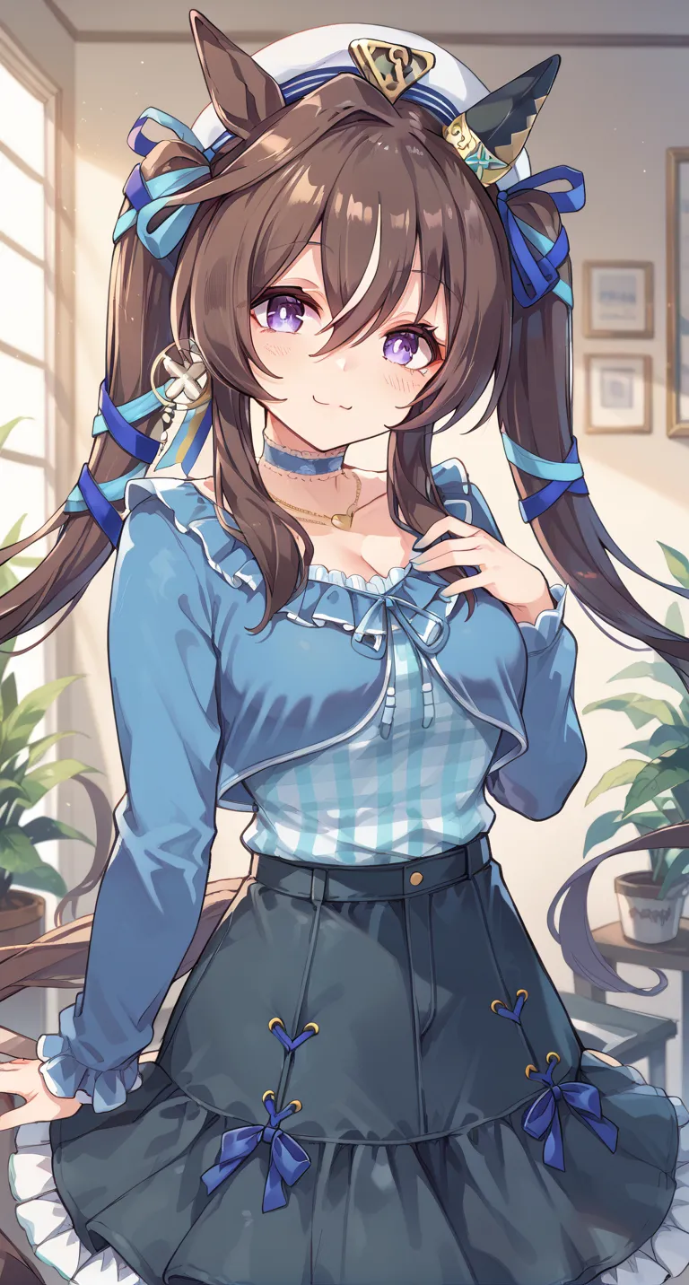 vivlos ( umamusume), viv casual, animal ears, beret , black skirt, blue choker, blue ribbon, blue shirt, brown hair, collarbone, earrings, floating hair, frilled choker, frilled shirt collar, frilled skirt, frills, hair between eyes, hair ribbon, hat, head...