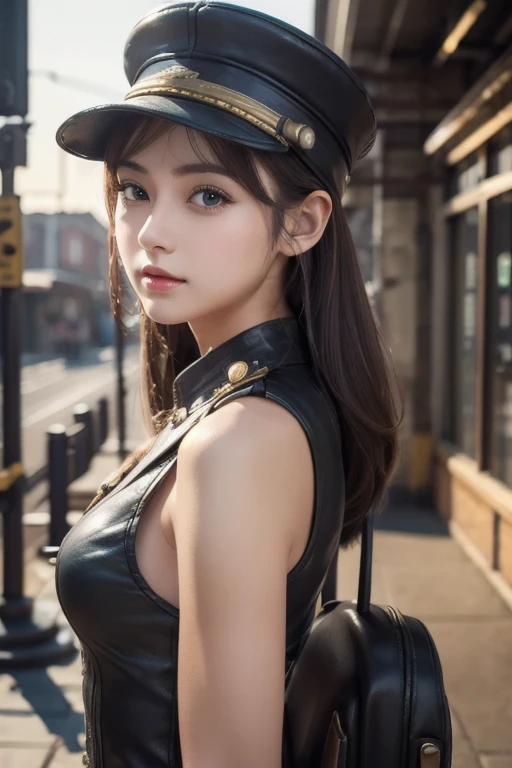  1 girl,   Pilot Cap  ,   faceup、Alone,    steam punk, station,  ,  steam,, Masterpiece,   very detailed on trends , high resolution, 8k resolution,  best quality ,