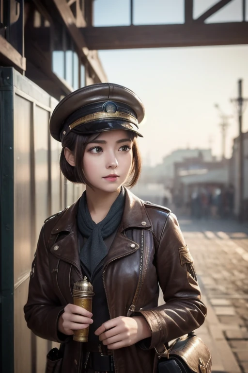  1 girl,   Pilot Cap  ,   faceup、Alone,    steam punk, station,  ,  steam,, Masterpiece,   very detailed on trends , high resolution, 8k resolution,  best quality ,