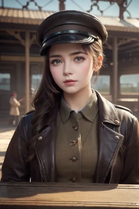  1 girl,   Pilot Cap  ,   faceup、Alone,    steam punk, station,  ,  steam,, Masterpiece,   very detailed on trends , high resolution, 8k resolution,  best quality ,