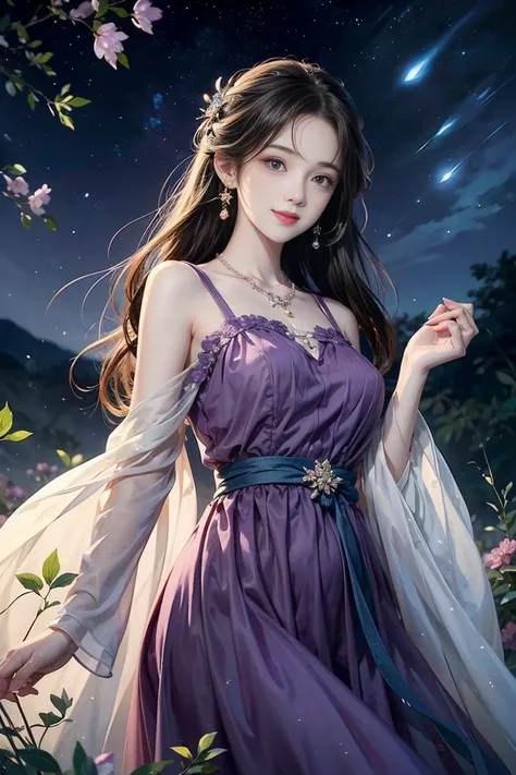 Rich ink painting 、  top quality with beautiful eyes、  masterpiece、   high definition 、 Official art、  young, graceful and beautiful woman、 Perfect Face 、Brown-black long hair  、  perfect style 、 wearing a light purple transparent dress 、  earrings、  neckl...