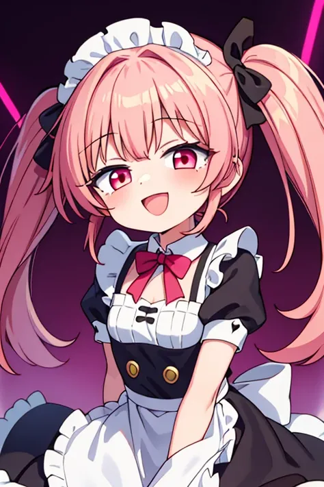  red eyes、 pink twin tails、ribbon、 pink and black maid clothes、 white skin、 1 girl、 female 、Open your mouth wide、gif-style 、 smile