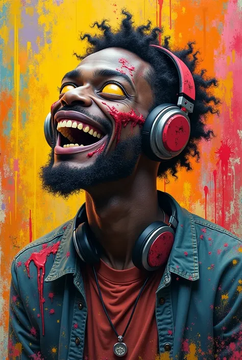 Tuckism Style, Laughter, Happy Zombie with headphones, Creature Models, Primitive Style, Unconventional configuration、Splashes of color、Colorful painting, High resolution, Black man