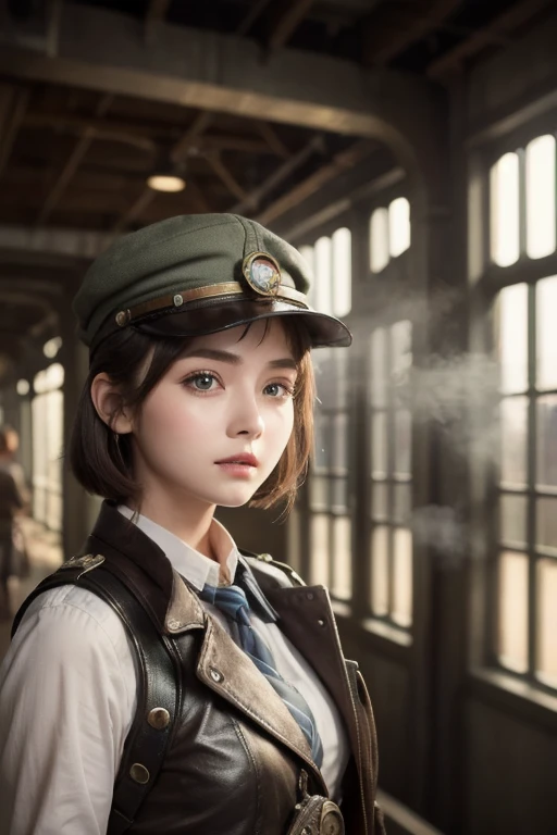  1 girl,   Pilot Cap  ,   faceup、Alone,    steam punk, station,  ,  steam,, Masterpiece,   very detailed on trends , high resolution, 8k resolution,  best quality ,