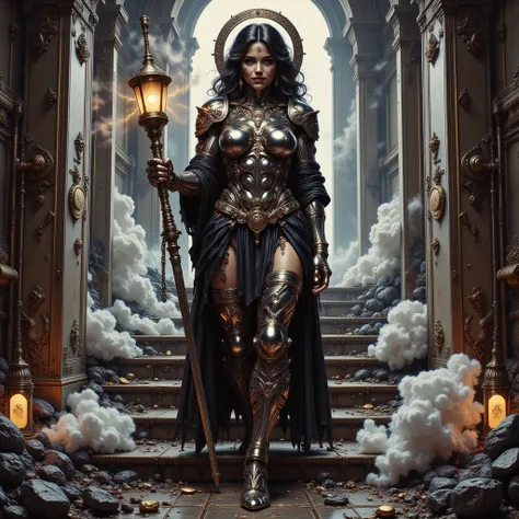 - Main Character, Adult Woman "Papua New Guinea", Beautiful, Tall, Long Legs, Curly Hair, Halo Circle full of Gold luminous carvings.

- Wearing a costume ("Full Sexy Armor").
The Chest and Thigh Armor are slightly open.

Futuristic Costume Design.
Wearing...