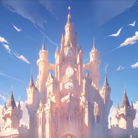 there is a castle with a clock on the front of it, palace background, high detailed official artwork, cathedral background, castle background, ornate borders + concept art, light kingdom backdrop, flying cloud castle, high fantasy castle, gigantic castle, ...