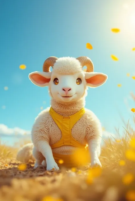 Realistic image of sheep with shaved hair, Is it a summer day,  lots of sun and heat , She wears a yellow bikini 