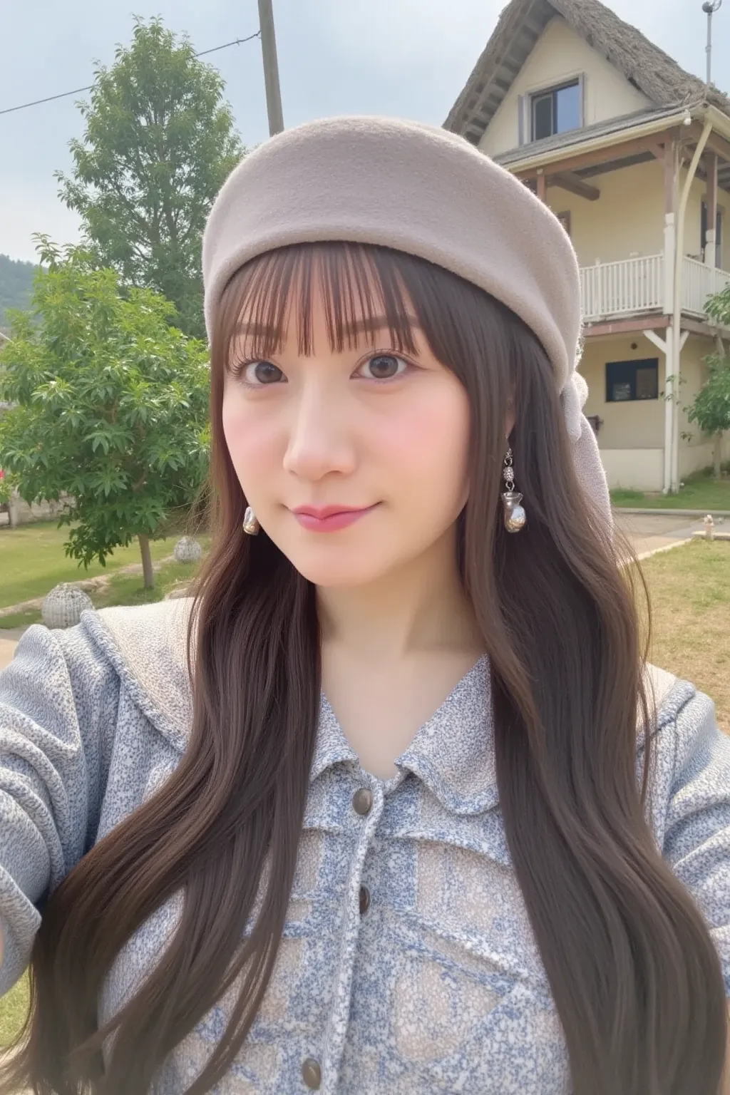 "A humble village woman standing in the heart of a quaint fantasy village, being approached by a group of adventurers. The woman wears simple yet charming clothing, with a modest dress and a scarf on her head. She looks slightly surprised but intrigued as ...