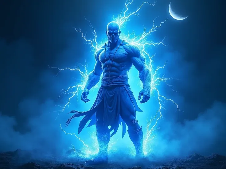  I want to make the name just the name Raiden the god of thunder in the form of thunder , Bright blue character from Mortal Combat with a black moon background 