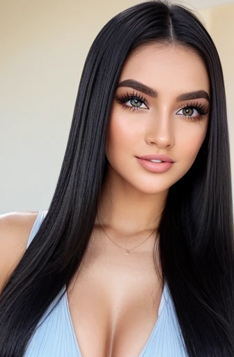  instagram _Influencer(21-22 years old ). Dark blue symmetrical eyes (realistic),  flawless white skin with a natural glow.  Long dark black hair reaching the hips, Silky, bulky and naturally smooth .  Well defined arched eyebrows ,  full and voluminous Br...