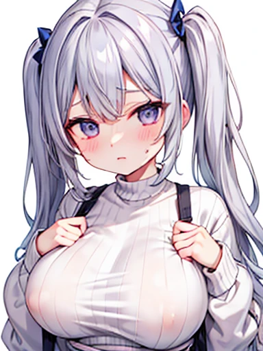 woman、knit shirt、silver hair、twintail hair、high quality、sweat、H Cup,large breast,voluptuous