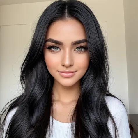  instagram _Influencer(21-22 years old ). Dark blue symmetrical eyes (realistic),  flawless white skin with a natural glow.  Long dark black hair reaching the hips, Silky, bulky and naturally smooth .  Well defined arched eyebrows ,  full and voluminous Br...