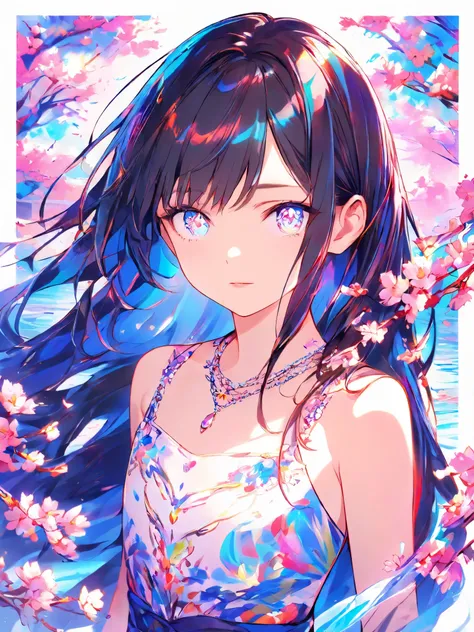 ( high quality ,  super precise ) ,( Handmade ) , 1  girl, Alone,  semi-long hair ,   BEAUTIFUL CRYSTAL EYES ,  necklace,  dress,  colorful, HIGHEST DEFINITION ,  upper body , Along with the river and cherry blossoms, flat chest, 