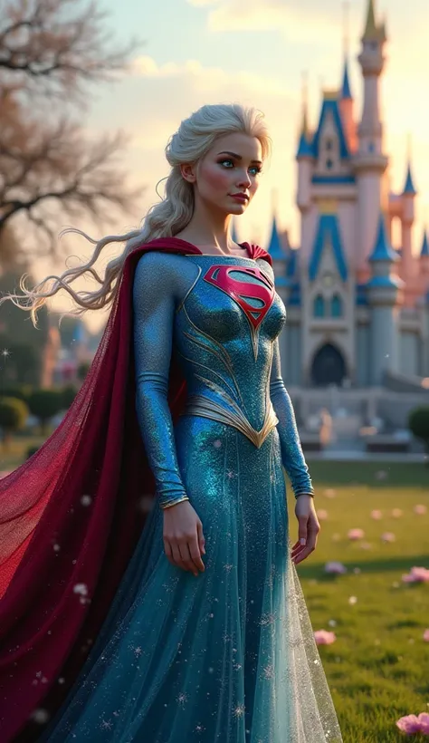 
An ultra realistic fusion of Elsa and Superman in an enchanting park. The hybrid character has the grandeur and athleticism of Superman, with his flowing red cape, combined with Elsa's elegance and delicate features. Her costume is a fusion of the metalli...