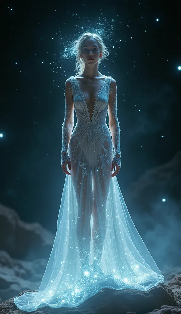 a very beautiful woman, dressed in gala clothes, In space becoming a supernatural being