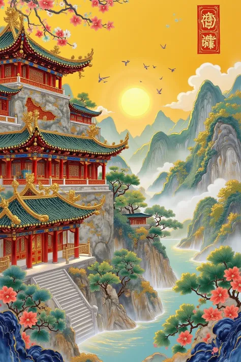 A painting，Chinese ancient style，Landscape architecture，High Saturation，Bright colors，Gold painted 