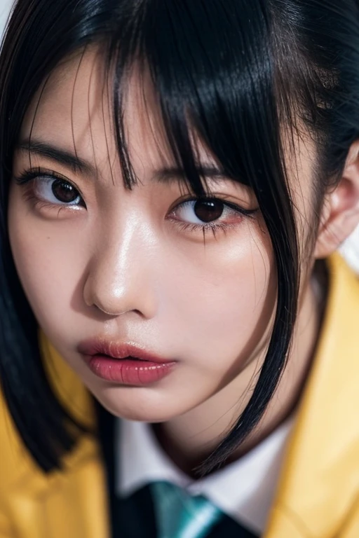 Beautiful Japanese actresses,girl,flying debris,Award-winning photo,Very detailed,Face Focus,Big double eyes,(Woman with open mouth and closed eyes ),18-year-old,(Black Hair,long,Wolf Cut,Shaggy),Shiny skin,(((Face close-up))),Realistic nostrils,Long and n...