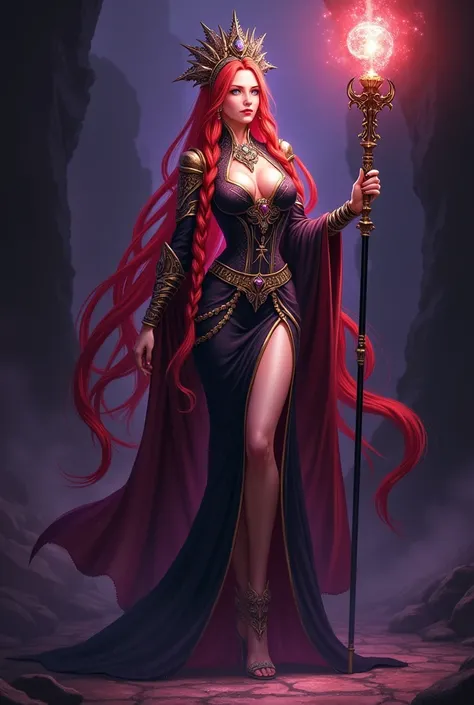 Irene belserion fairy tail, elderly age but still youthful looks , more hot, calming, scarlett hair with long and wavy Braided , wearing Sexy form-fitting, ornate dress with intricate patterns, as black dark purple, ORNATE HEADDRESS , long staff or scepter...