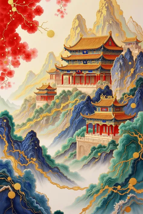 A painting，Chinese ancient style，Landscape architecture，High Saturation，Bright colors，Gold painted 