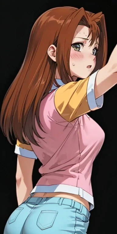   1 female,  high definition,  high resolution ,    ultra-realistic    ,8K,serenidaddm  ,   gray eyes,  long hair,   brown hair,     pink shirt  ,   blue shorts ,European,sexy,  breast {x} Close-up of the upper body,    photographed from the front   ,  Dyn...