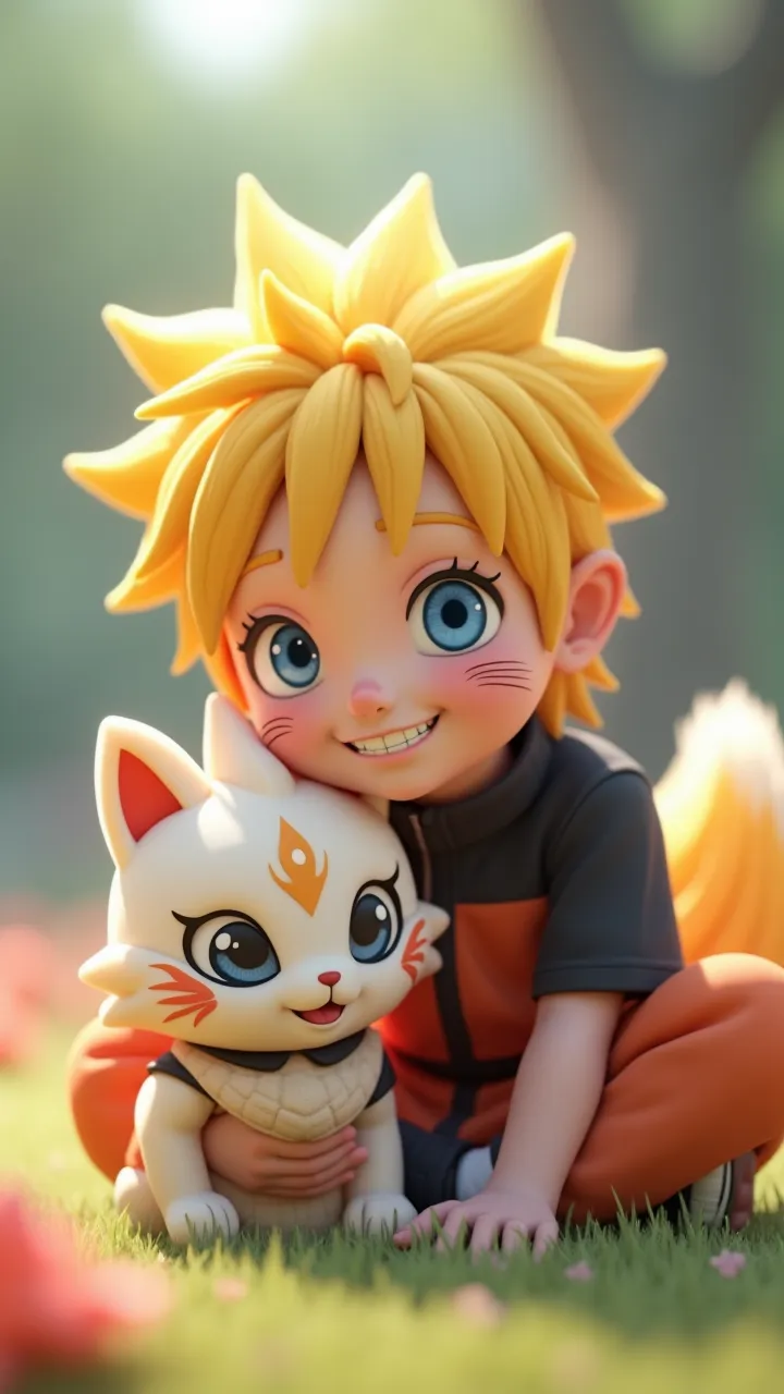 Cute naruto from film naruto, 3D, realistic, preety face, with chibi kyubi, chibi caracter.