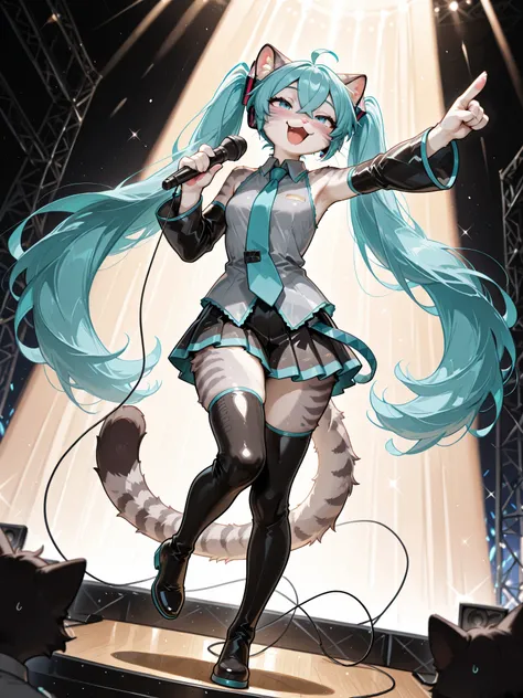 , Masterpiece, best quality, absurd res, anthro, katXL, countershading, adult female,  Anthro furry feline, blue eyes, grey striped fur, :3, snout, cheek fluff, pink nose, whiskers, miku hatsune, ahoge, aqua eyes, aqua hair, crossed bangs, hair between eye...