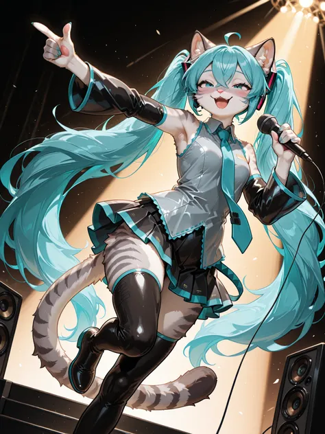 , Masterpiece, best quality, absurd res, anthro, katXL, countershading, adult female,  Anthro furry feline, blue eyes, grey striped fur, :3, snout, cheek fluff, pink nose, whiskers, miku hatsune, ahoge, aqua eyes, aqua hair, crossed bangs, hair between eye...