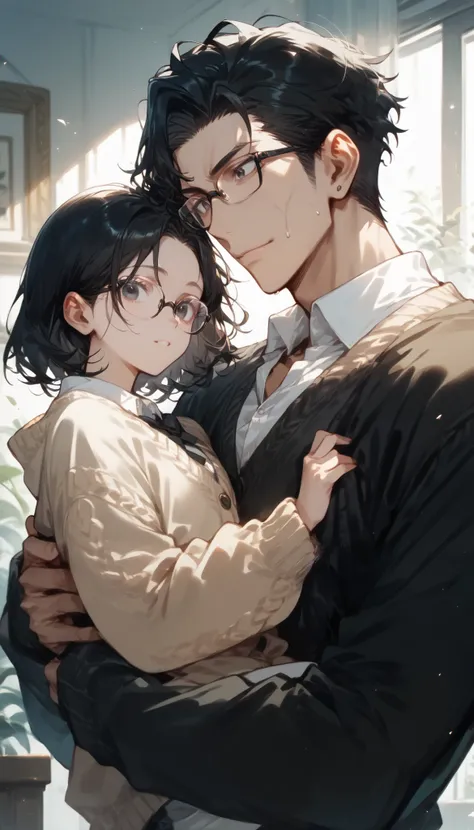 (Fraction_9, Fraction_8_up), Fraction_7_up, Adult male, 5-year old daughter, family atmosphere, Black Hair, glasses, cardigan, black eyes, upper body, shirt, (((a father carrying his 5-year old daughter)))