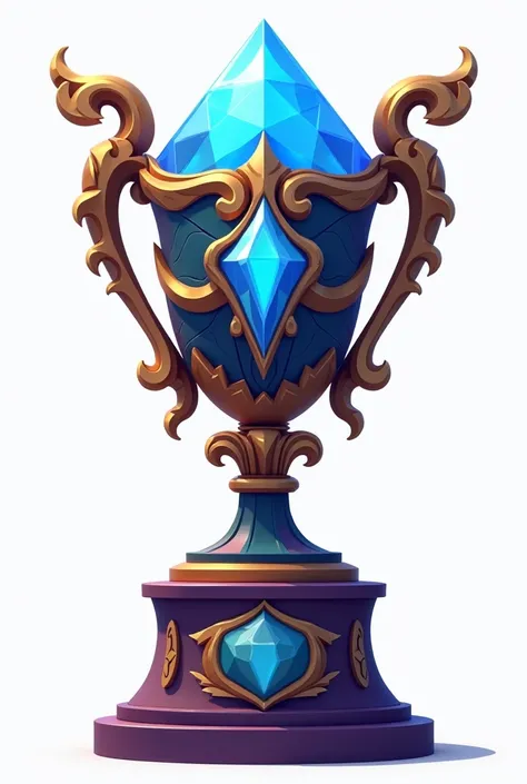 1 blue crystal and metal trophy in the shape of summoners like league of legends, Winner's honors, ornate details, (masterpiece: 1.2), best quality, White background, Cartoon style, Roblox style