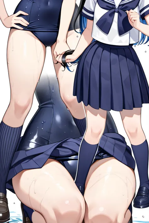 ((master piece)), ((best quality)),
perfect anatomy, perfect finger,
((2 girls)), 
(black color straight long hair),
(hip focus:1.5),
(close-up hip:1.6),
(from a little lower down:1.6),
(she wears a sailor uniform and she wears a navy blue one-piece school...