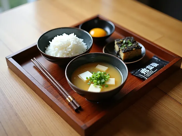 Create a high-resolution, realistic photo of a traditional Japanese breakfast set on a wooden tray. Include a bowl of white rice, a bowl of miso soup with green onions and tofu, a small dish of natto with chopped green onions, a small bowl with a raw egg y...