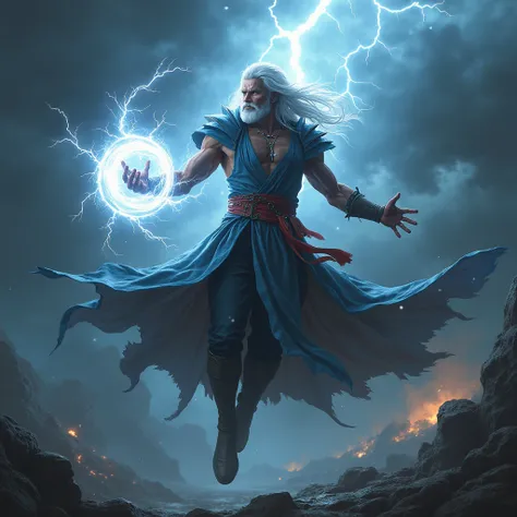 Realistic image of the character Raiden from Mortal Kombat, Levitating, with lightning in the background,  eyes with rays,  storm scenario , creating a ball of rays in your hands,  hair eye.
