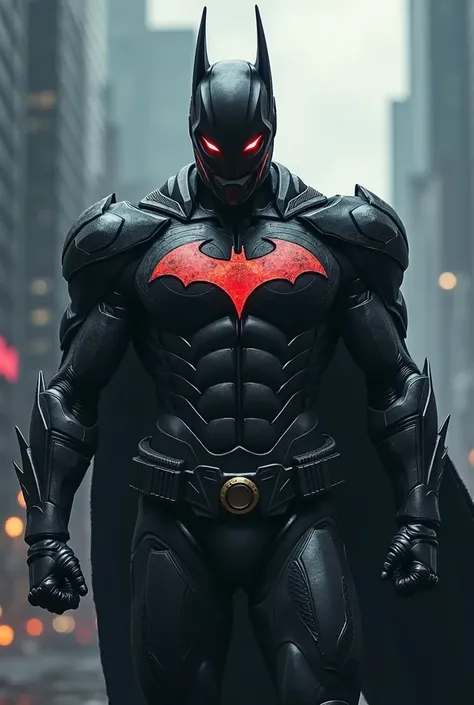 a muscular character wearing a Kamen Riders bat outfit that looks like the Arkham Knight outfit