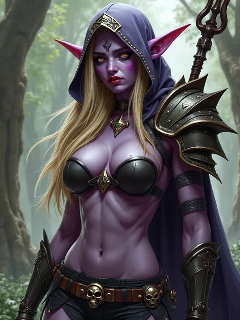 Nude, covered in cum, blonde hair, purple skin, undead, very long ears, colored skin, dark elf, ears through headwear, hood up, long eyebrows, long hair, pointy ears, bikini armor, shoulder armor, ornate armor, hood, pauldrons, quiver, lips, colored sclera...