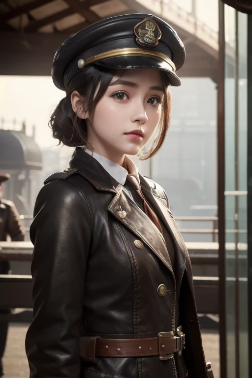  1 girl,   Pilot Cap  ,   faceup、Alone,    steam punk, station,  ,  steam,, Masterpiece,   very detailed on trends , high resolution, 8k resolution,  best quality ,