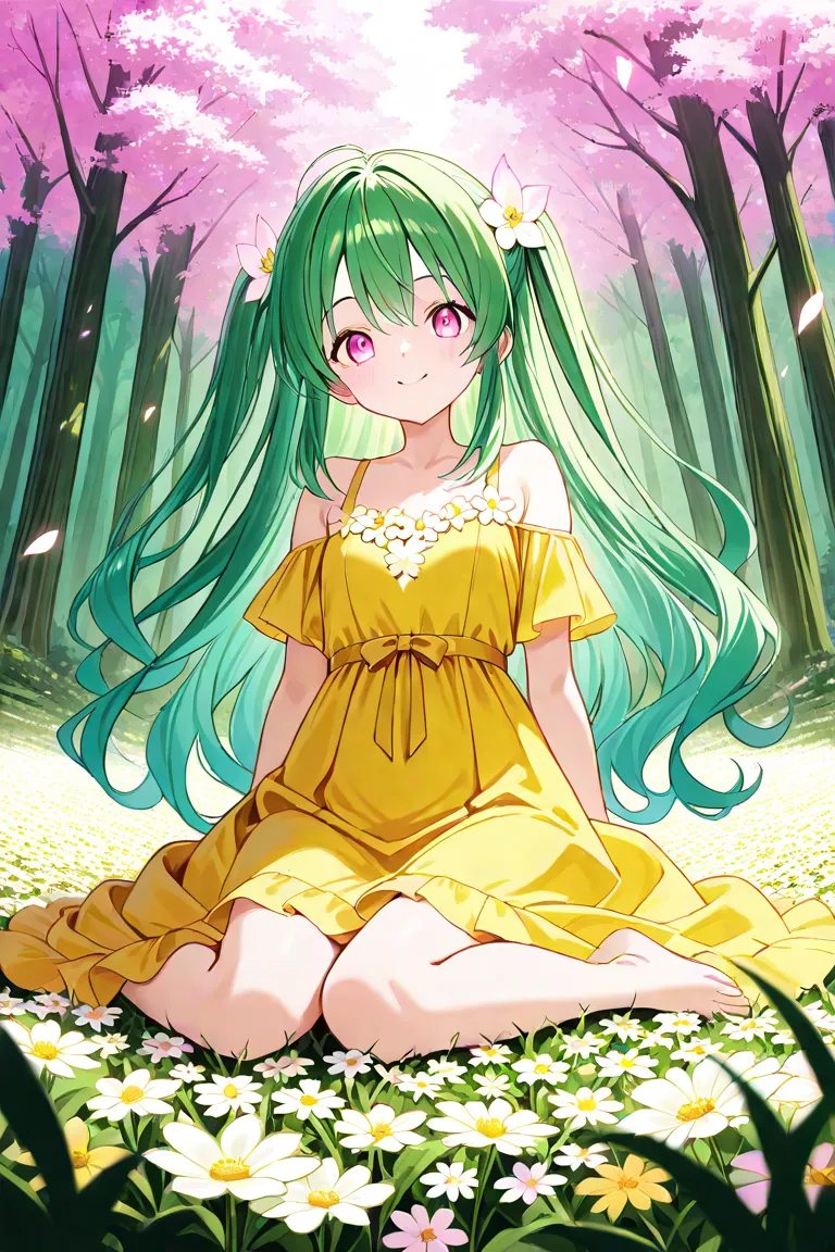  green hair、 cute girl、Surrounded by plants、Flower Field、Abundant nature、forestのSpirit、forest、beautiful、god秘的、 bright、god々Shii、 lori、Young、 pink eyes、smile、 Otherworld、 fantasy、Spirit、Fairy、It has mysterious powers、A lot of flowers are blooming、 dress、I'm ...