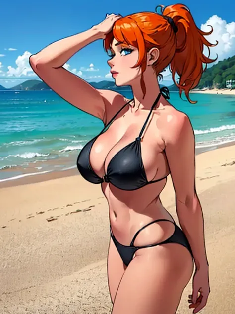 (( the best quality)), (( masterpiece)), ( Detailed), 1 woman, ((with a black bikini)), (( orange hair)), (( hair with a ponytail )), (( with your hands on your head)), (( blue eyes)), (( big breasts)), (( profile view )), (( seeing the viewer )), (( seen ...