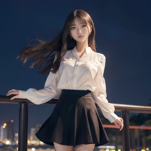 red blouse, black skirt, A skirt that flies in the wind:1.4, night sky, lightning, flowing hair, light streaks, knee-up shot, frontal view, ((masterpiece)), ((best quality)), (ultra-detailed), ((beautiful eyes)), Japanese female, (slender:1.3), ((30 years ...