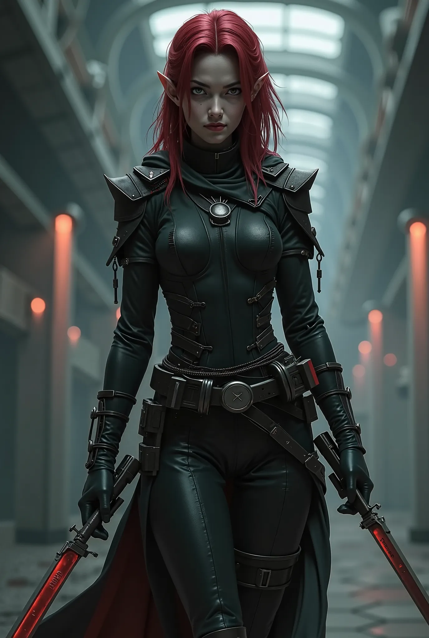 A female drow elf thief rogue with shoulder length dark red hair and pale grey skin, full body image, scifi
